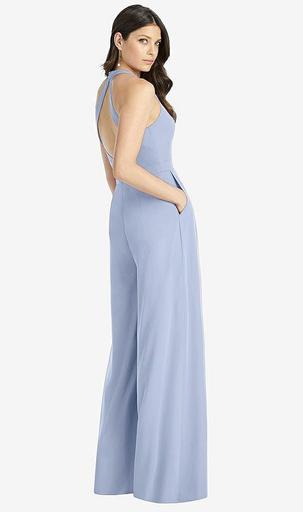 Back View - Sky Blue V-Neck Backless Pleated Front Jumpsuit