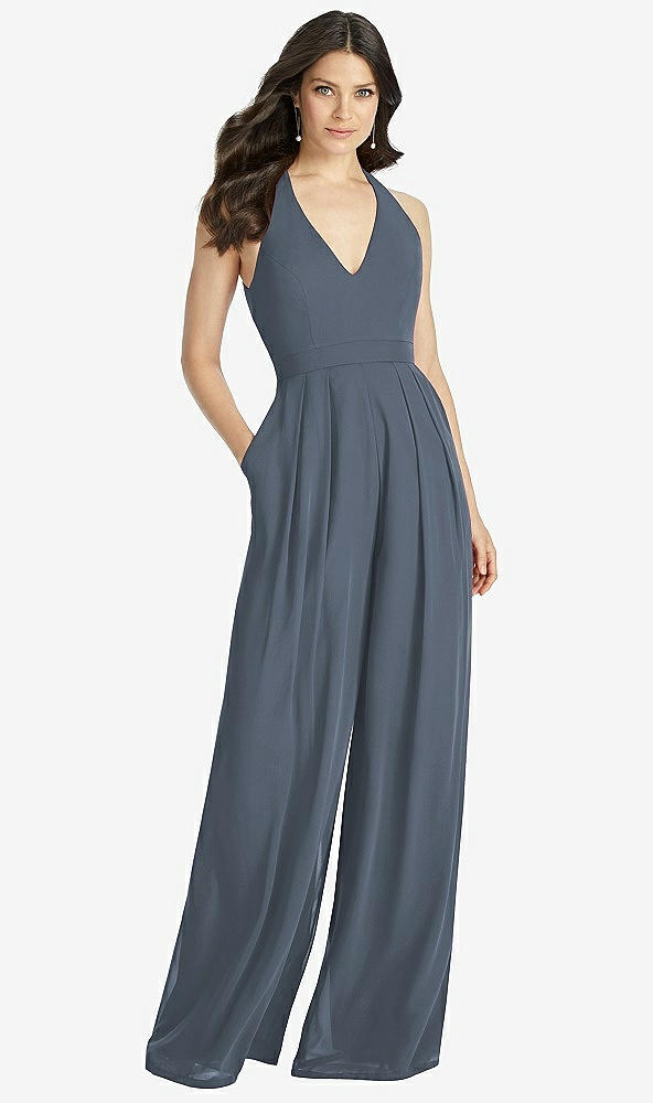 Front View - Silverstone V-Neck Backless Pleated Front Jumpsuit