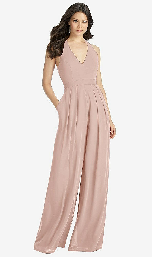 Front View - Toasted Sugar V-Neck Backless Pleated Front Jumpsuit