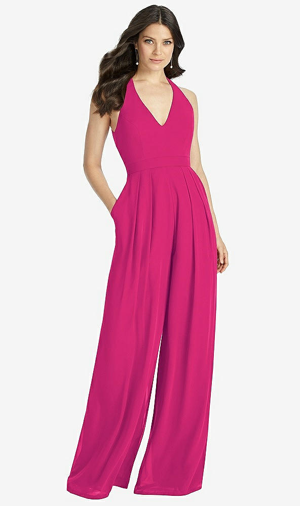 Front View - Think Pink V-Neck Backless Pleated Front Jumpsuit