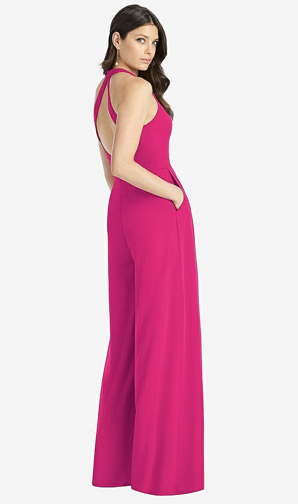 Back View - Think Pink V-Neck Backless Pleated Front Jumpsuit
