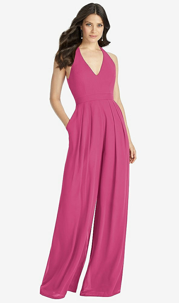 Front View - Tea Rose V-Neck Backless Pleated Front Jumpsuit