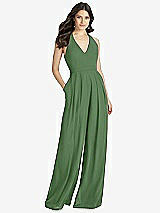 Front View Thumbnail - Vineyard Green V-Neck Backless Pleated Front Jumpsuit
