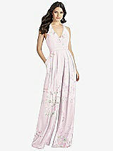 Front View Thumbnail - Watercolor Print V-Neck Backless Pleated Front Jumpsuit