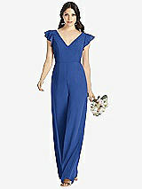 Front View Thumbnail - Classic Blue Ruffled Sleeve Low V-Back Jumpsuit - Adelaide