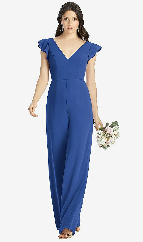 Front View - Classic Blue Ruffled Sleeve Low V-Back Jumpsuit - Adelaide