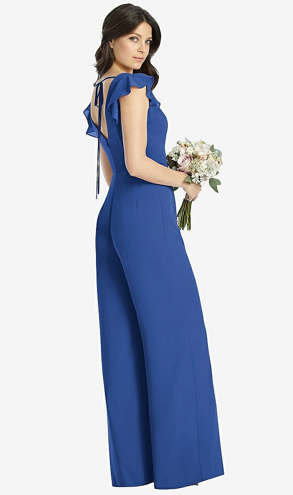 Back View - Classic Blue Ruffled Sleeve Low V-Back Jumpsuit - Adelaide