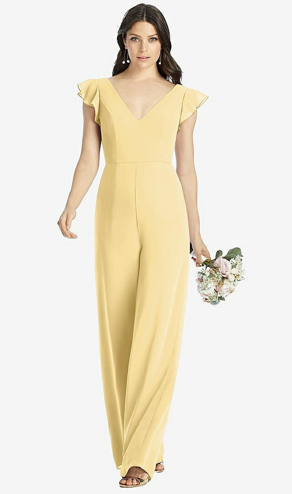 Front View - Buttercup Ruffled Sleeve Low V-Back Jumpsuit - Adelaide