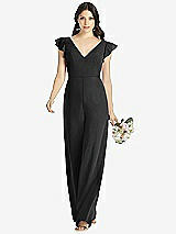 Front View Thumbnail - Black Ruffled Sleeve Low V-Back Jumpsuit - Adelaide