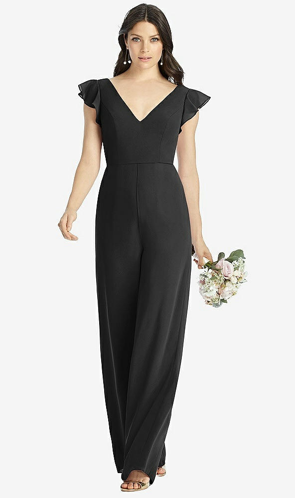 Front View - Black Ruffled Sleeve Low V-Back Jumpsuit - Adelaide
