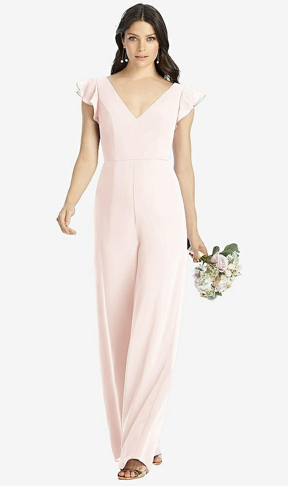 Front View - Blush Ruffled Sleeve Low V-Back Jumpsuit - Adelaide