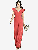 Front View Thumbnail - Perfect Coral Ruffled Sleeve Low V-Back Jumpsuit - Adelaide