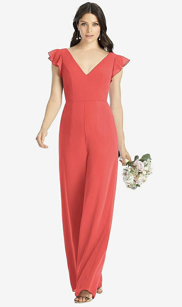 Front View - Perfect Coral Ruffled Sleeve Low V-Back Jumpsuit - Adelaide