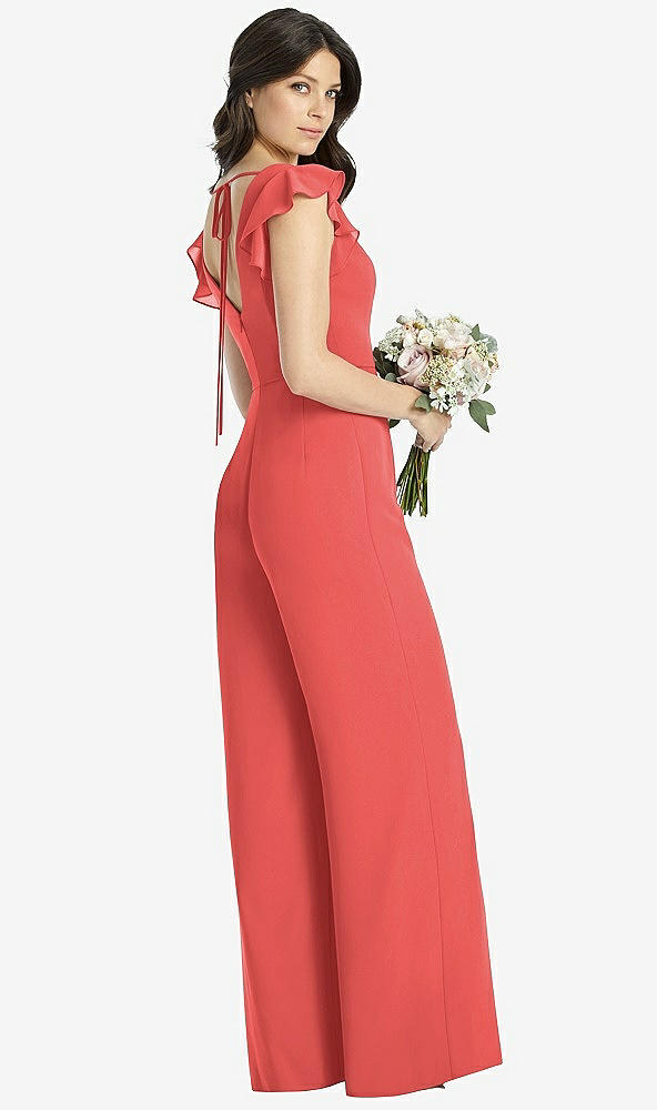Back View - Perfect Coral Ruffled Sleeve Low V-Back Jumpsuit - Adelaide