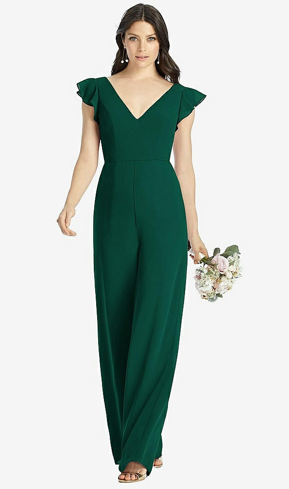 Front View - Hunter Green Ruffled Sleeve Low V-Back Jumpsuit - Adelaide