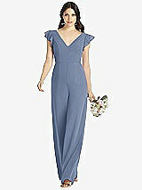 Front View Thumbnail - Larkspur Blue Ruffled Sleeve Low V-Back Jumpsuit - Adelaide
