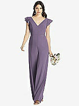 Front View Thumbnail - Lavender Ruffled Sleeve Low V-Back Jumpsuit - Adelaide