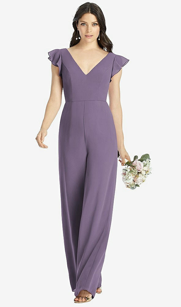 Front View - Lavender Ruffled Sleeve Low V-Back Jumpsuit - Adelaide