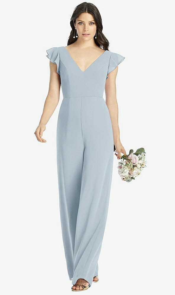 Front View - Mist Ruffled Sleeve Low V-Back Jumpsuit - Adelaide