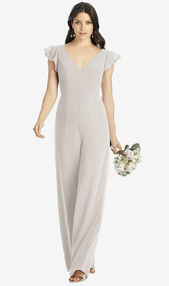 Front View - Oyster Ruffled Sleeve Low V-Back Jumpsuit - Adelaide
