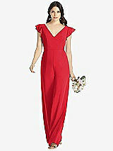 Front View Thumbnail - Parisian Red Ruffled Sleeve Low V-Back Jumpsuit - Adelaide