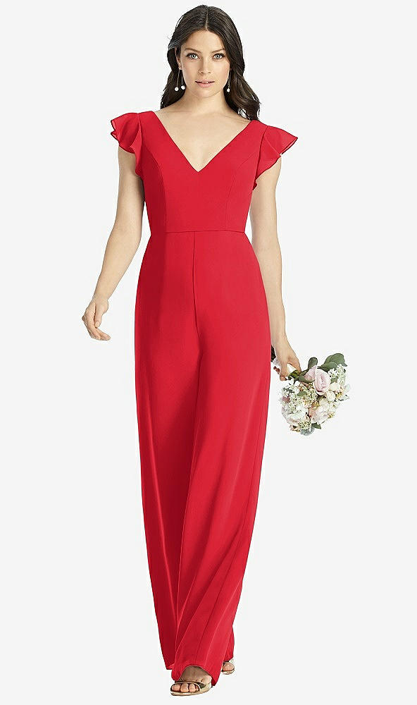 Front View - Parisian Red Ruffled Sleeve Low V-Back Jumpsuit - Adelaide