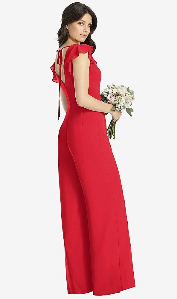 Back View - Parisian Red Ruffled Sleeve Low V-Back Jumpsuit - Adelaide