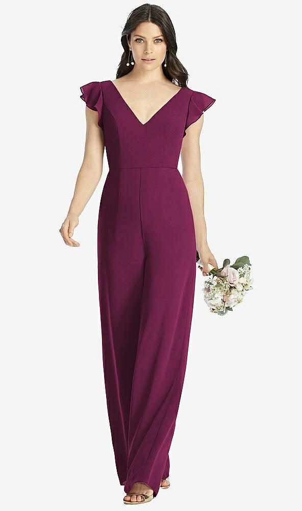 Front View - Ruby Ruffled Sleeve Low V-Back Jumpsuit - Adelaide
