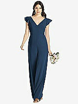 Front View Thumbnail - Sofia Blue Ruffled Sleeve Low V-Back Jumpsuit - Adelaide