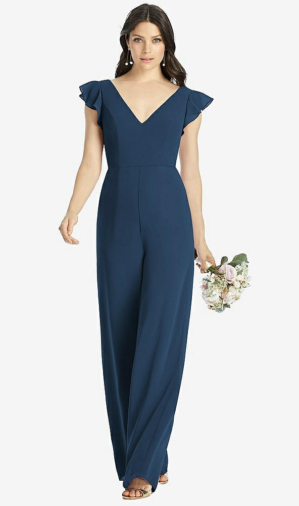 Front View - Sofia Blue Ruffled Sleeve Low V-Back Jumpsuit - Adelaide