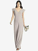 Front View Thumbnail - Taupe Ruffled Sleeve Low V-Back Jumpsuit - Adelaide