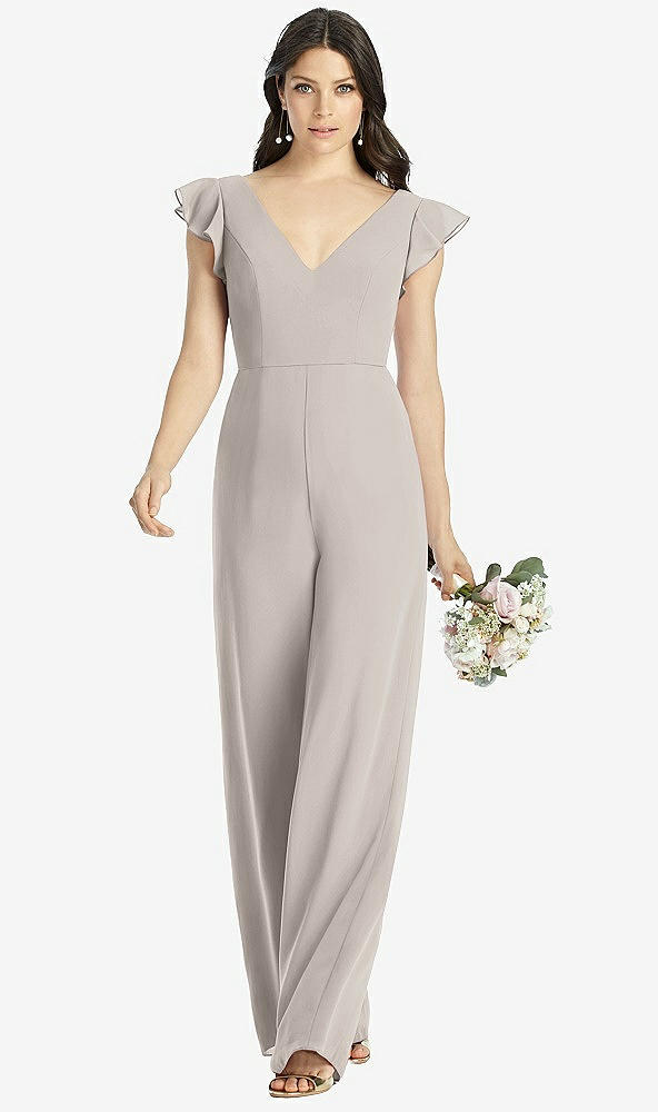 Front View - Taupe Ruffled Sleeve Low V-Back Jumpsuit - Adelaide
