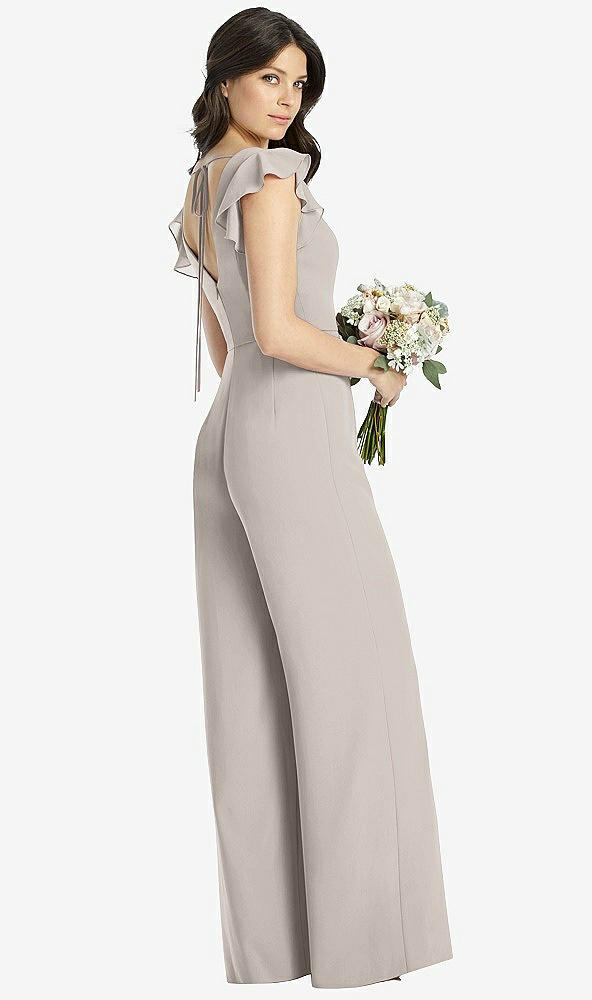 Back View - Taupe Ruffled Sleeve Low V-Back Jumpsuit - Adelaide