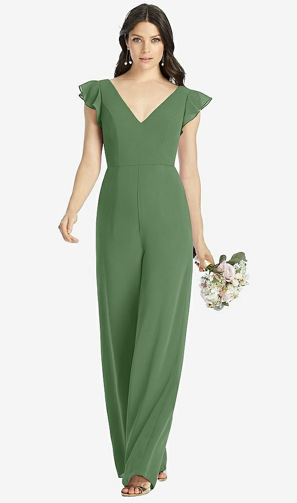 Front View - Vineyard Green Ruffled Sleeve Low V-Back Jumpsuit - Adelaide