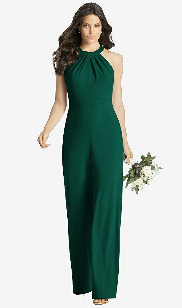 Front View - Hunter Green Wide Strap Stretch Maxi Dress with Pockets