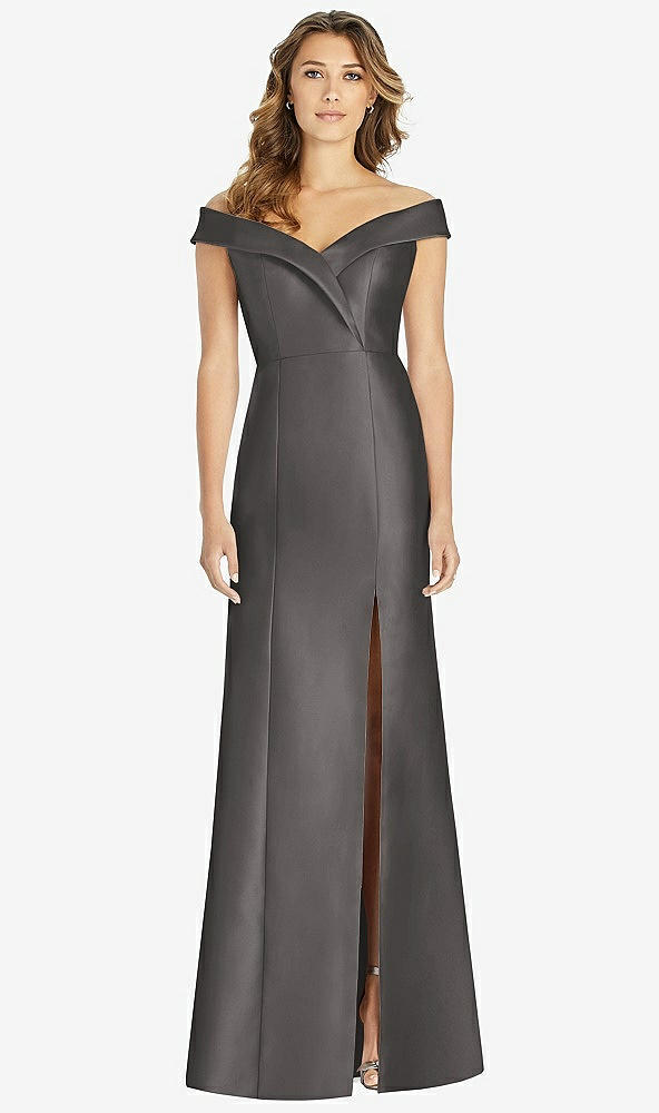 Front View - Caviar Gray Off-the-Shoulder Cuff Trumpet Gown with Front Slit