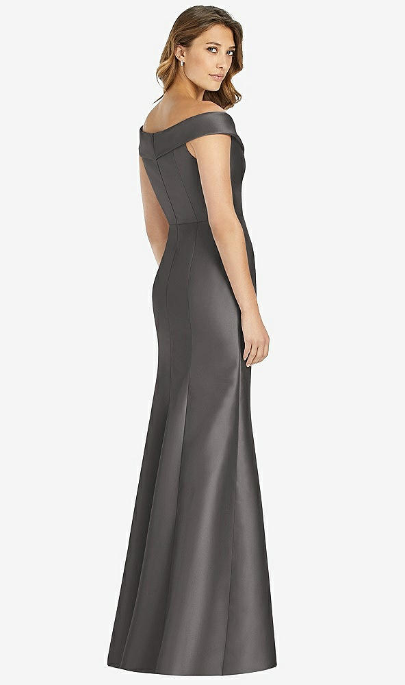 Back View - Caviar Gray Off-the-Shoulder Cuff Trumpet Gown with Front Slit