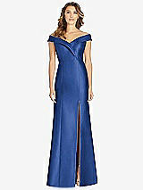 Front View Thumbnail - Classic Blue Off-the-Shoulder Cuff Trumpet Gown with Front Slit