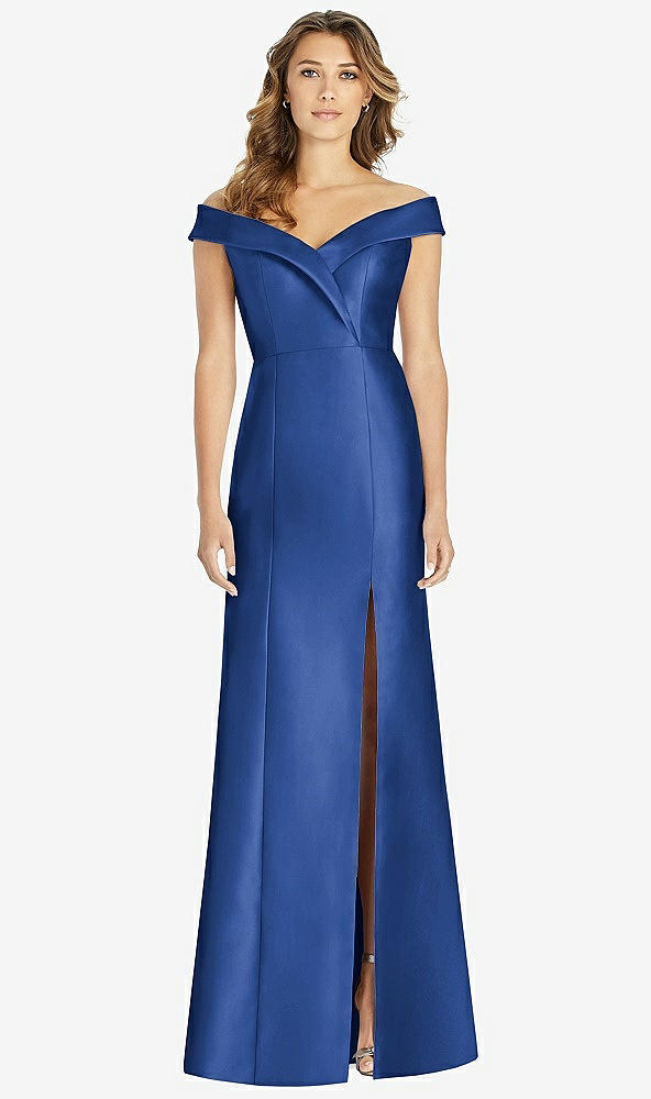 Front View - Classic Blue Off-the-Shoulder Cuff Trumpet Gown with Front Slit