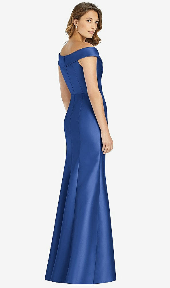 Back View - Classic Blue Off-the-Shoulder Cuff Trumpet Gown with Front Slit