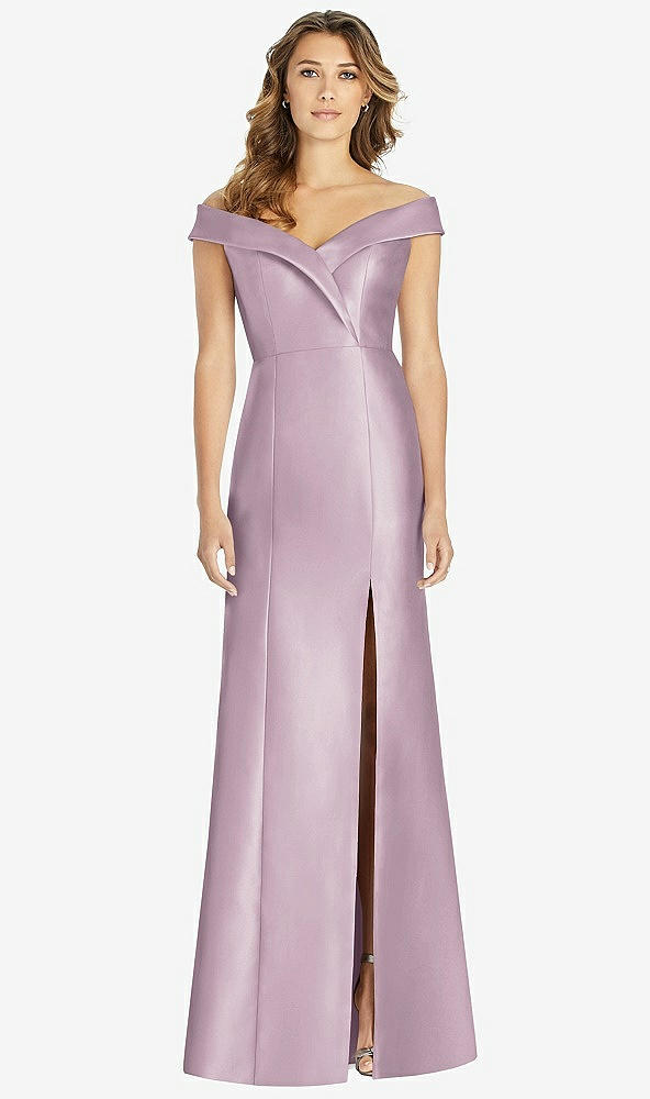 Front View - Suede Rose Off-the-Shoulder Cuff Trumpet Gown with Front Slit