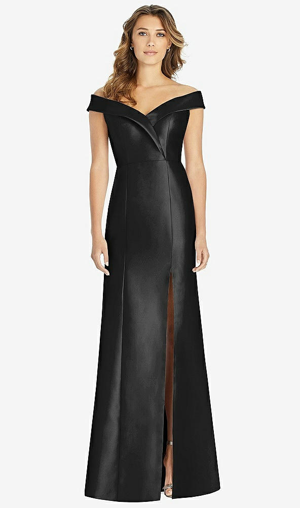 Front View - Black Off-the-Shoulder Cuff Trumpet Gown with Front Slit