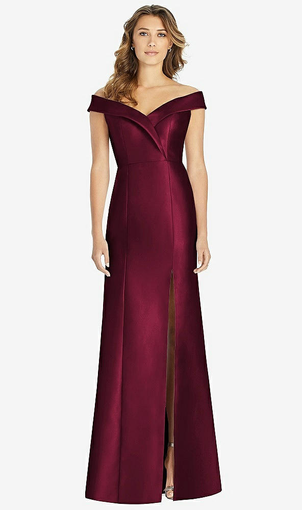 Front View - Cabernet Off-the-Shoulder Cuff Trumpet Gown with Front Slit