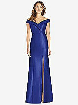 Front View Thumbnail - Cobalt Blue Off-the-Shoulder Cuff Trumpet Gown with Front Slit