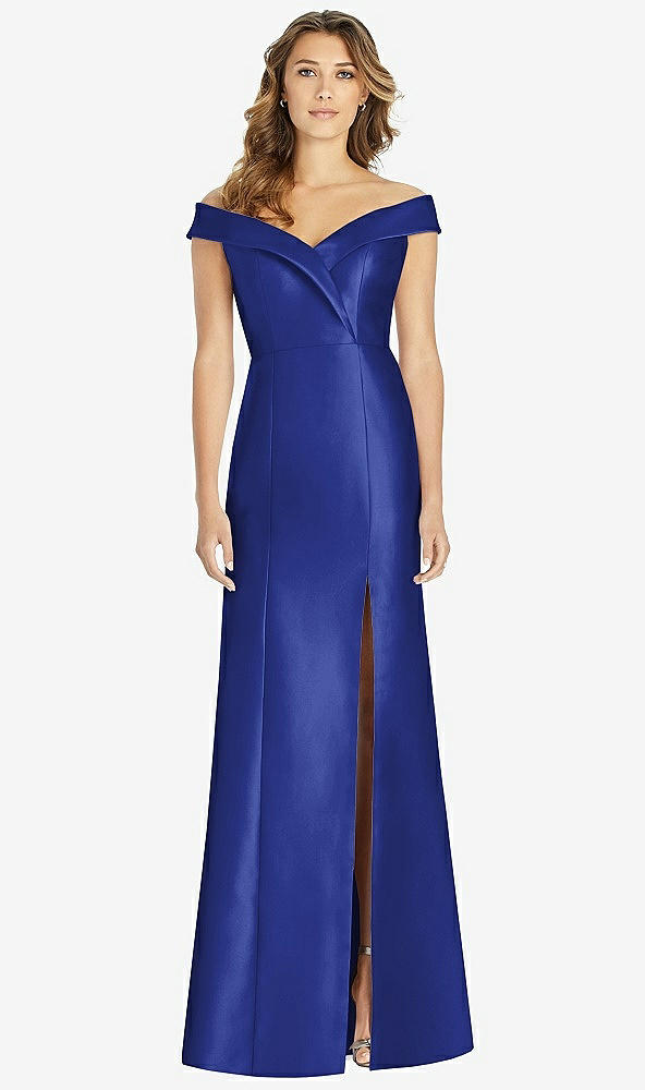 Front View - Cobalt Blue Off-the-Shoulder Cuff Trumpet Gown with Front Slit