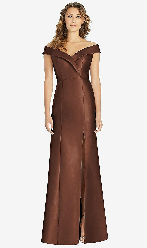 Front View - Cognac Off-the-Shoulder Cuff Trumpet Gown with Front Slit