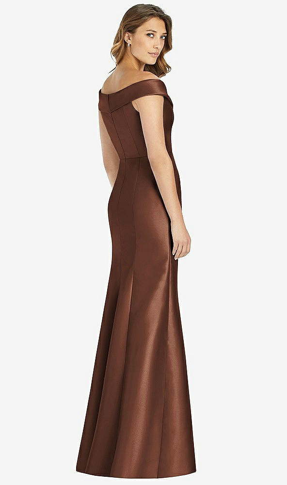 Back View - Cognac Off-the-Shoulder Cuff Trumpet Gown with Front Slit