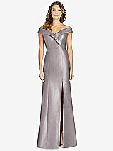 Front View Thumbnail - Cashmere Gray Off-the-Shoulder Cuff Trumpet Gown with Front Slit