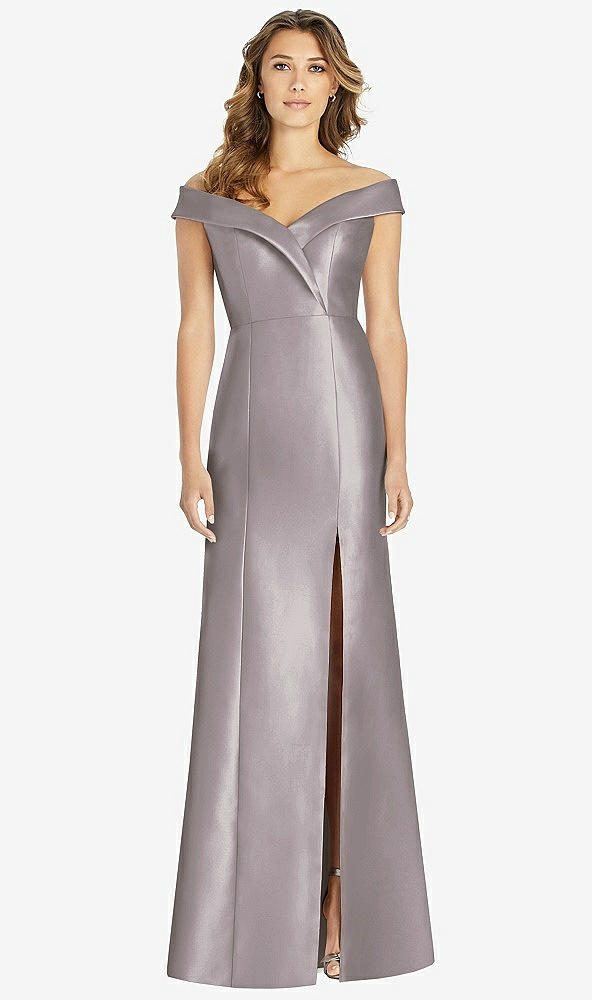 Front View - Cashmere Gray Off-the-Shoulder Cuff Trumpet Gown with Front Slit