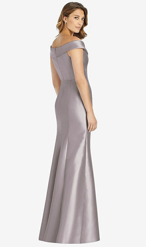 Back View - Cashmere Gray Off-the-Shoulder Cuff Trumpet Gown with Front Slit